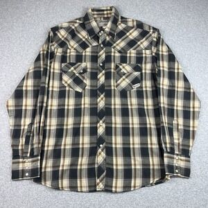 Wrangler Western Plaid Shirt Mens Large Beige Blue Pearl Snap Button Long Sleeve
